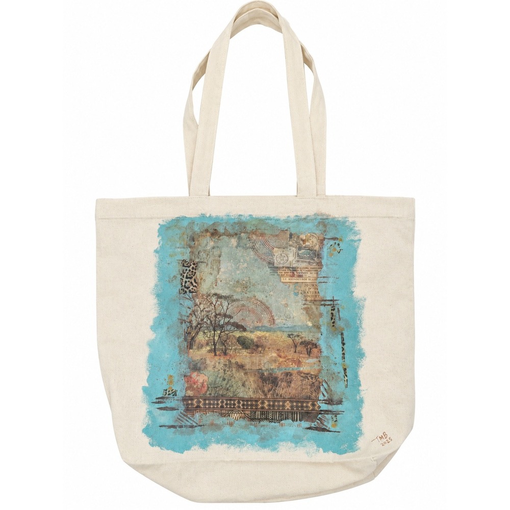 Decoupage Canvas Tote Bag African Savanna Wildlife Elephant Giraffe Boho Art